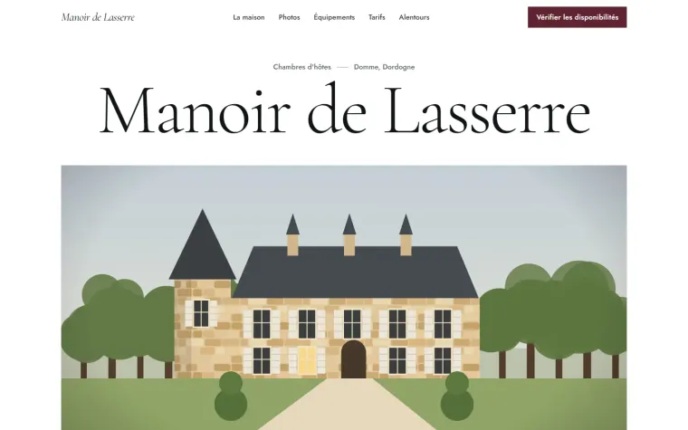 Exemple de site dans le style Élégance : titre fin et centré au-dessus de la photo d'un manoir