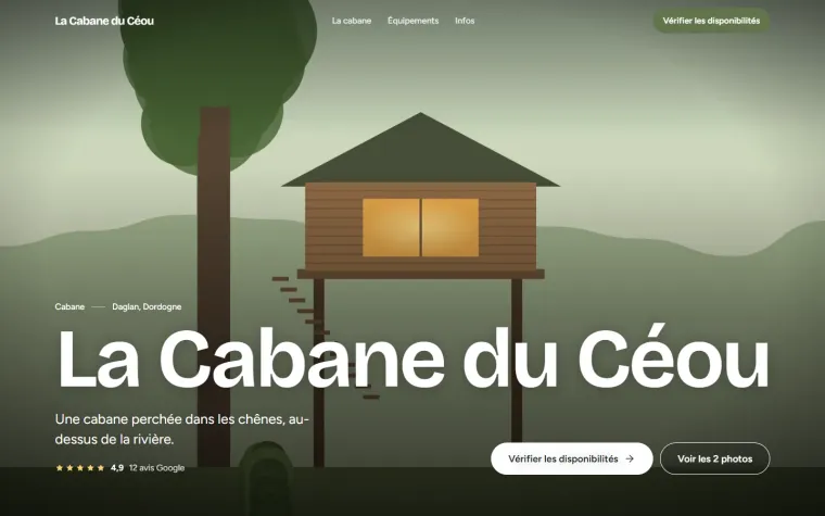 Exemple de site dans le style Nature : grande photo d'une cabane dans les arbres, avec son nom en blanc